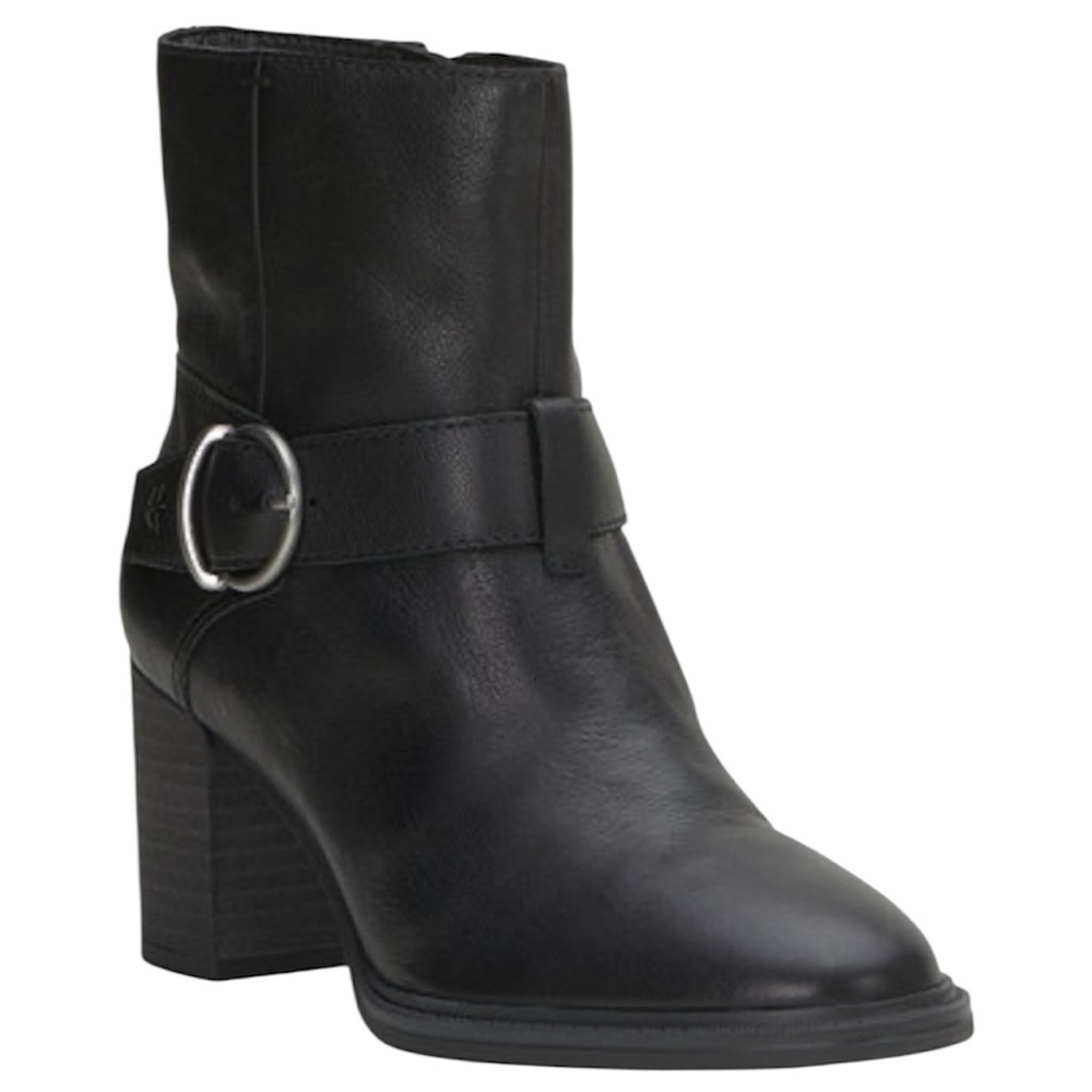Lucky Brand Achelle Black Leather Buckle Block Heel Booties Size 8.5